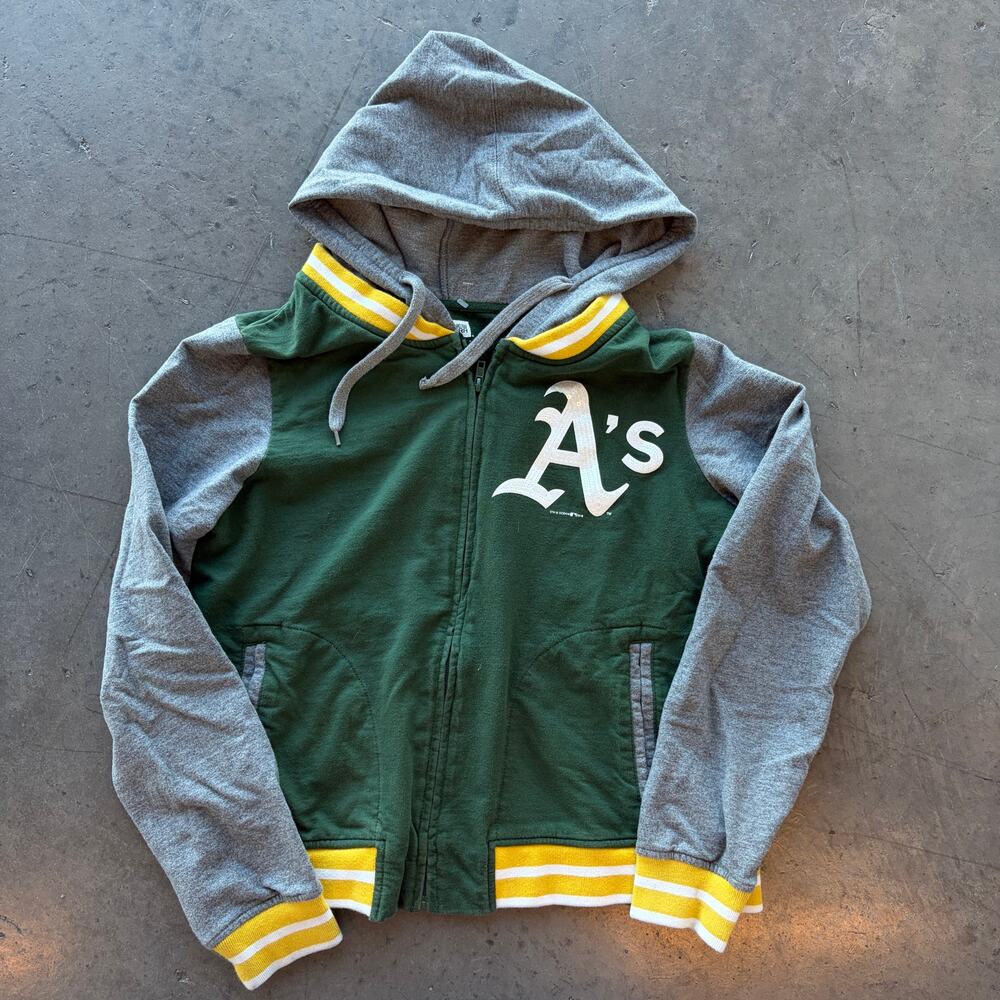 Vintage Y2k Green Sequin Oakland A's Mlb Baseball Longsleeve Full Zip Hoodie S